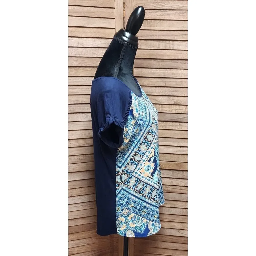 Maurices Women's Size Medium Blue Cap Sleeve Top Floral Front Solid Back Shirt - Picture 5 of 8